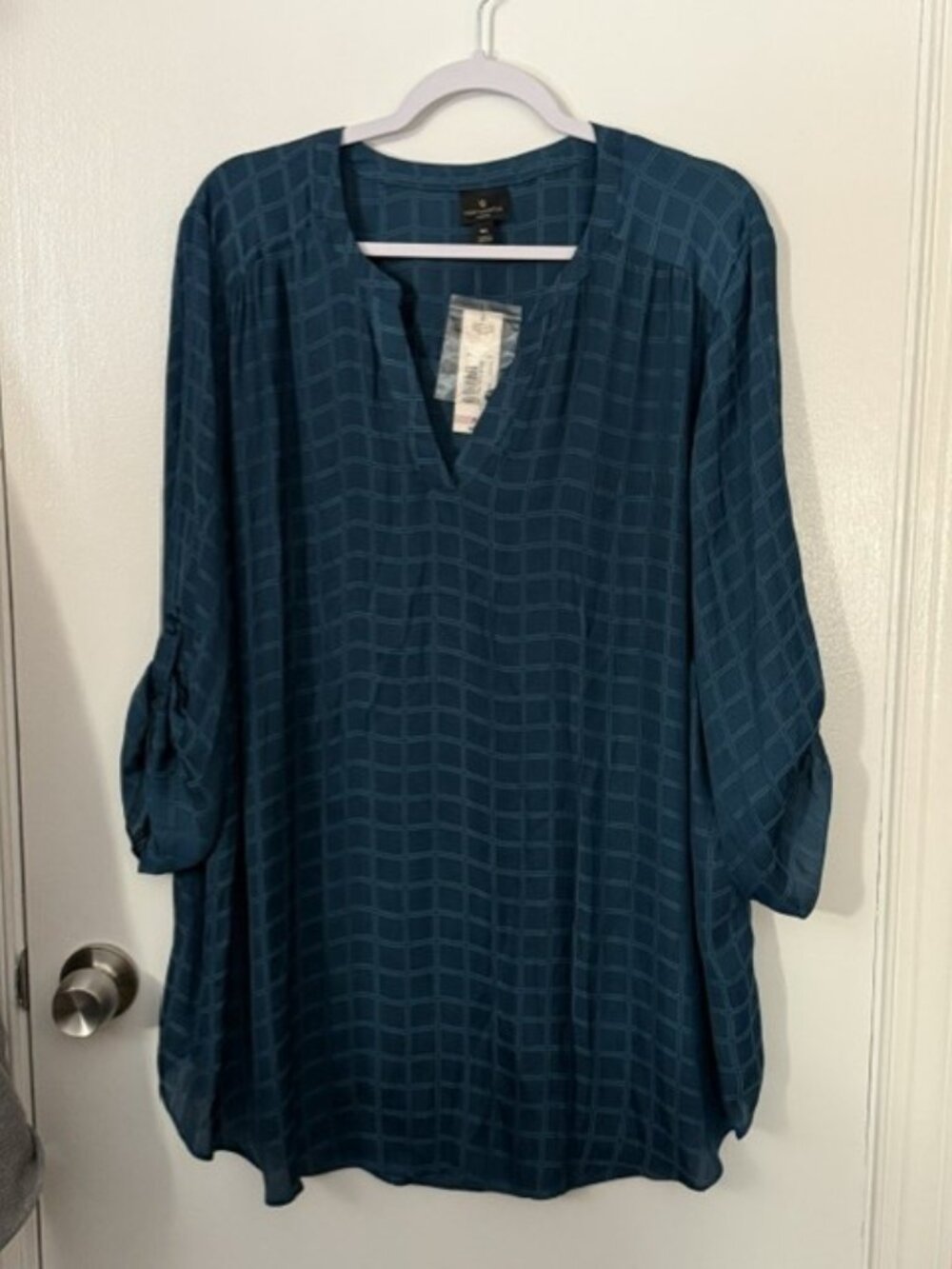 NWT Worthington Woman Texas Teal Grid Jac Blouse Top 3X Roll Tab Sleeves
